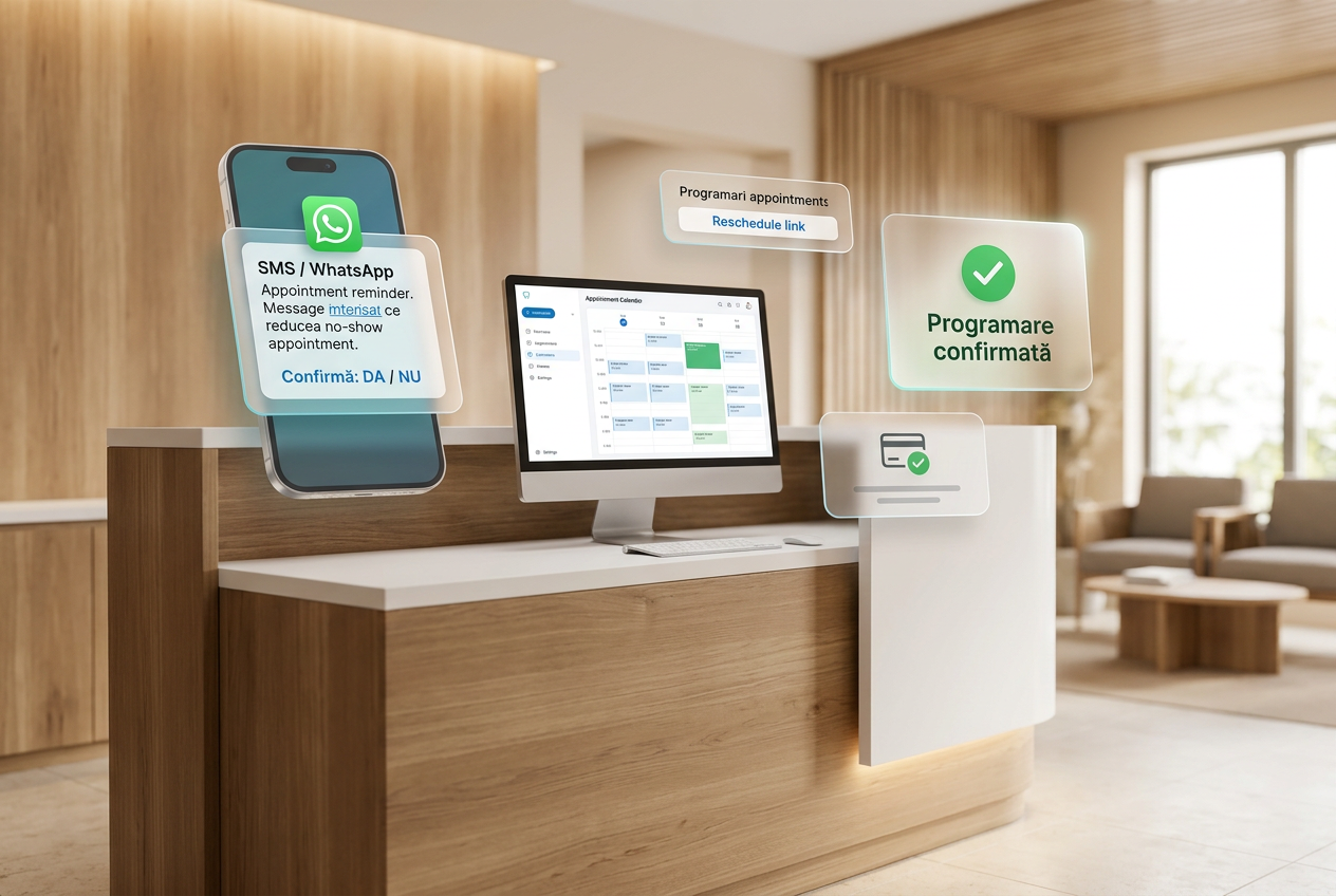 Recepție modernă de cabinet stomatologic cu sistem de programări digital